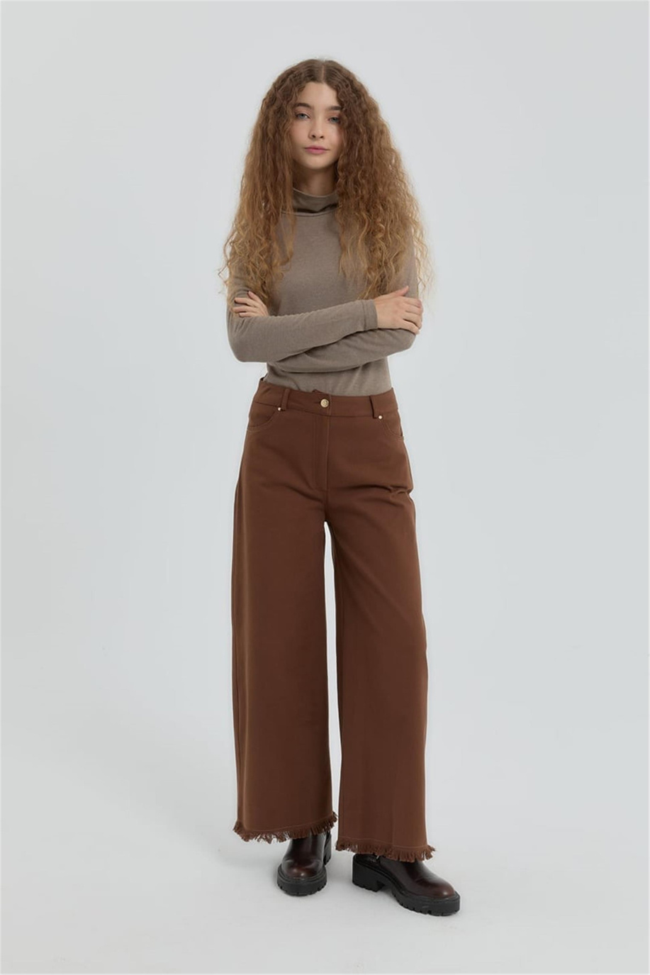 Gabardin Beli Lastikli Bol Paça Pantolon Kahve