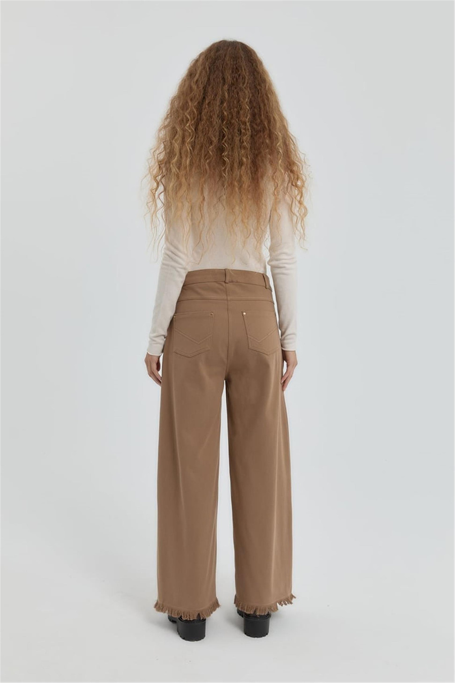 Gabardin Beli Lastikli Bol Paça Pantolon Vizon