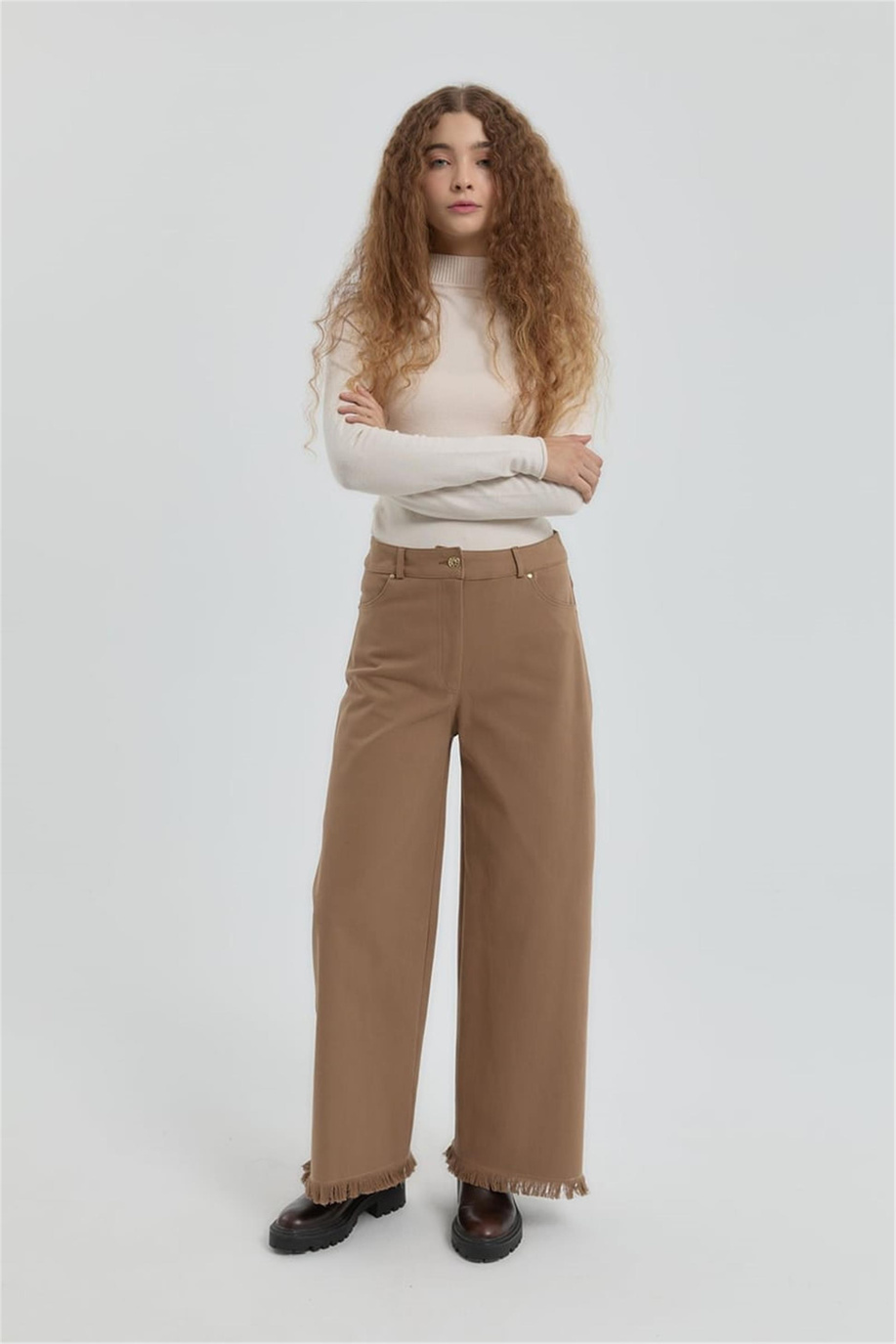 Gabardin Beli Lastikli Bol Paça Pantolon Vizon