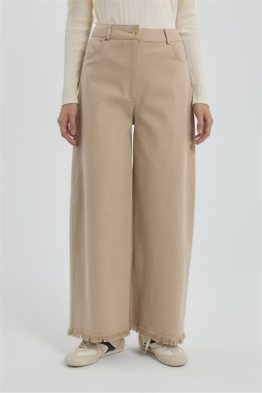 Gabardin Beli Lastikli Bol Paça Pantolon Bej