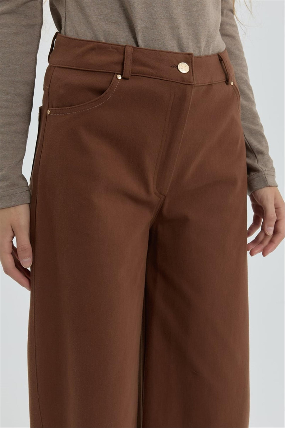 Gabardin Beli Lastikli Bol Paça Pantolon Kahve