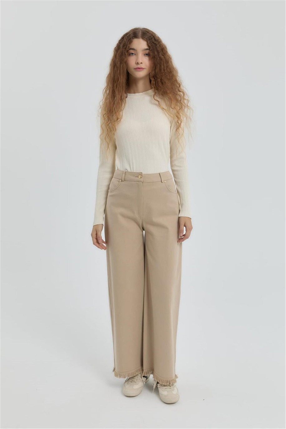 Gabardin Bol Paça Pantolon Bej