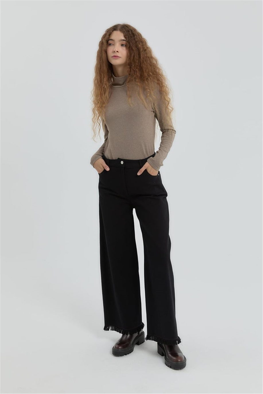 Gabardin Bol Paça Pantolon Siyah