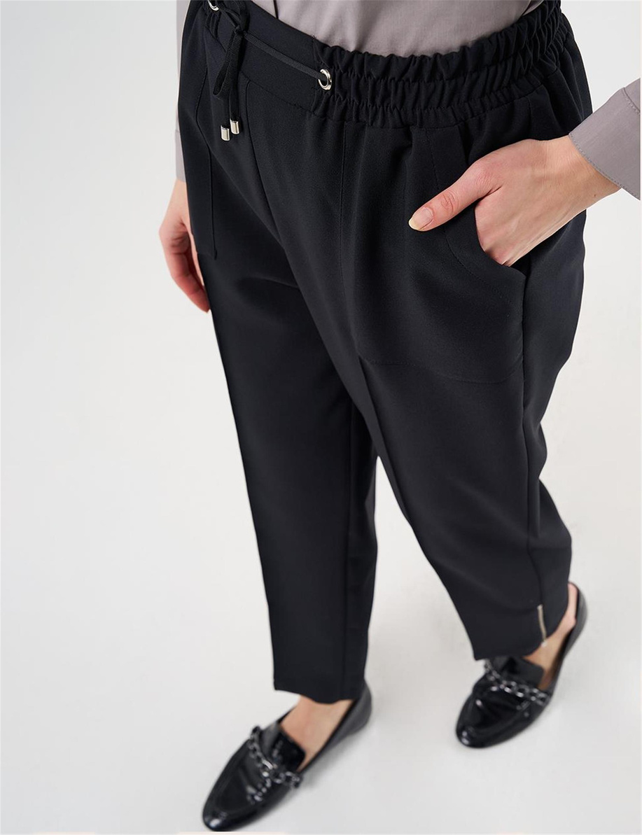 Geniş Cepli Çimalı Pantolon Siyah