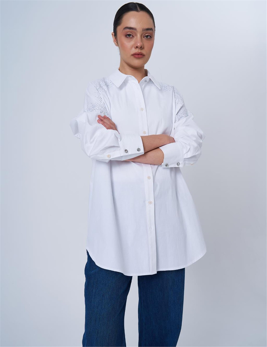 Geniş Manşetli Hotfix Baskılı Pamuklu Tunik Optik Beyaz