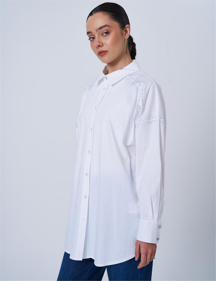 Geniş Manşetli Hotfix Baskılı Pamuklu Tunik Optik Beyaz