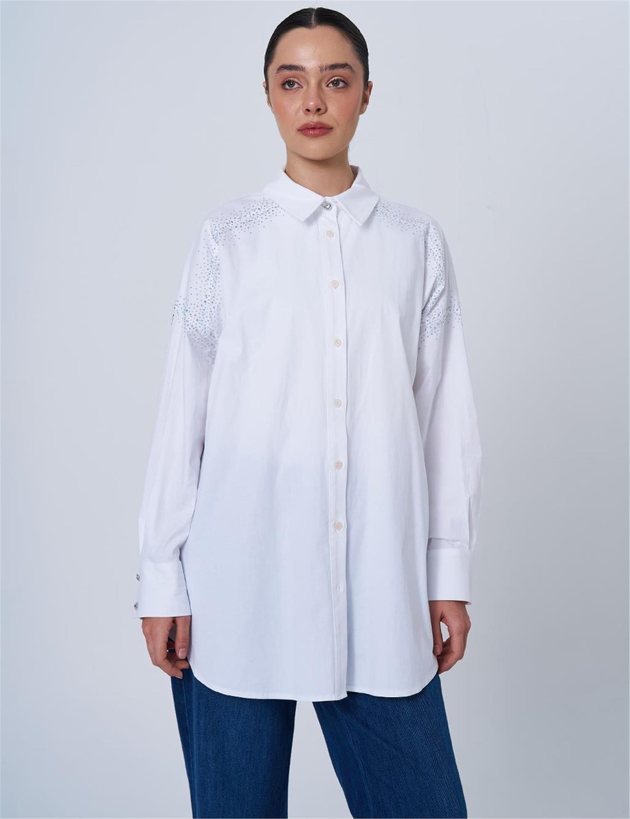 Geniş Manşetli Hotfix Baskılı Pamuklu Tunik Optik Beyaz