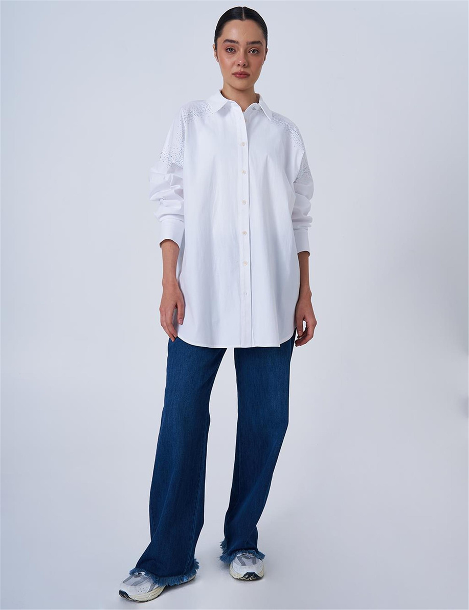 Geniş Manşetli Hotfix Baskılı Pamuklu Tunik Optik Beyaz