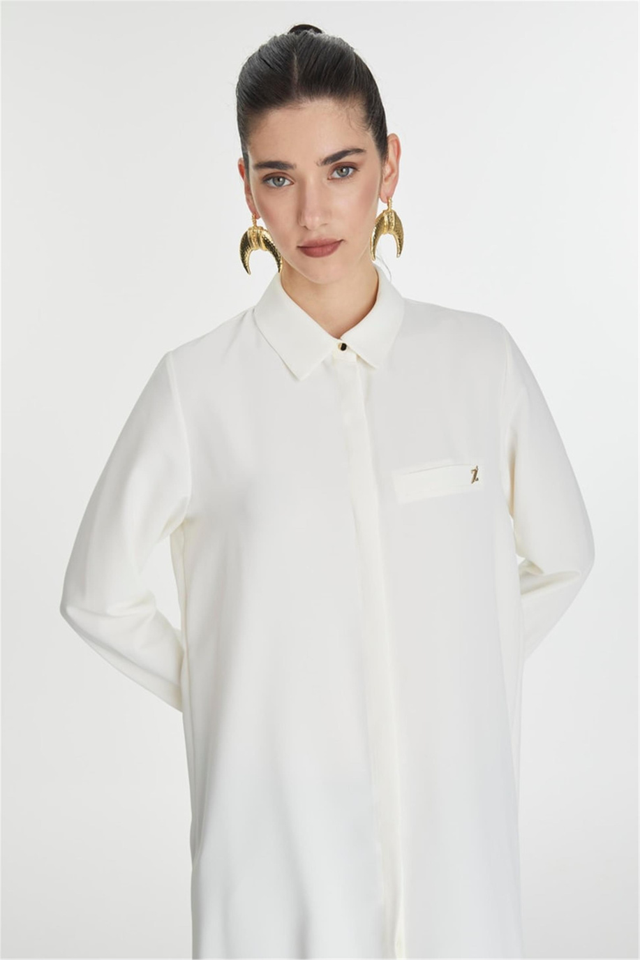 Gizli Düğme Detaylı Ekru Tunik