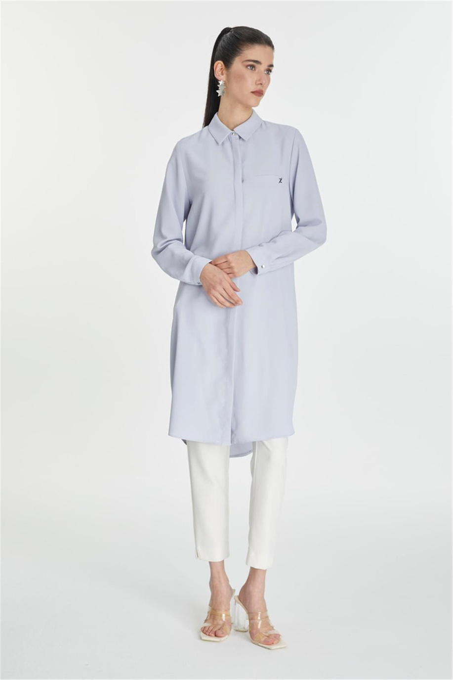 Gizli Düğme Detaylı Gri Mavi Tunik