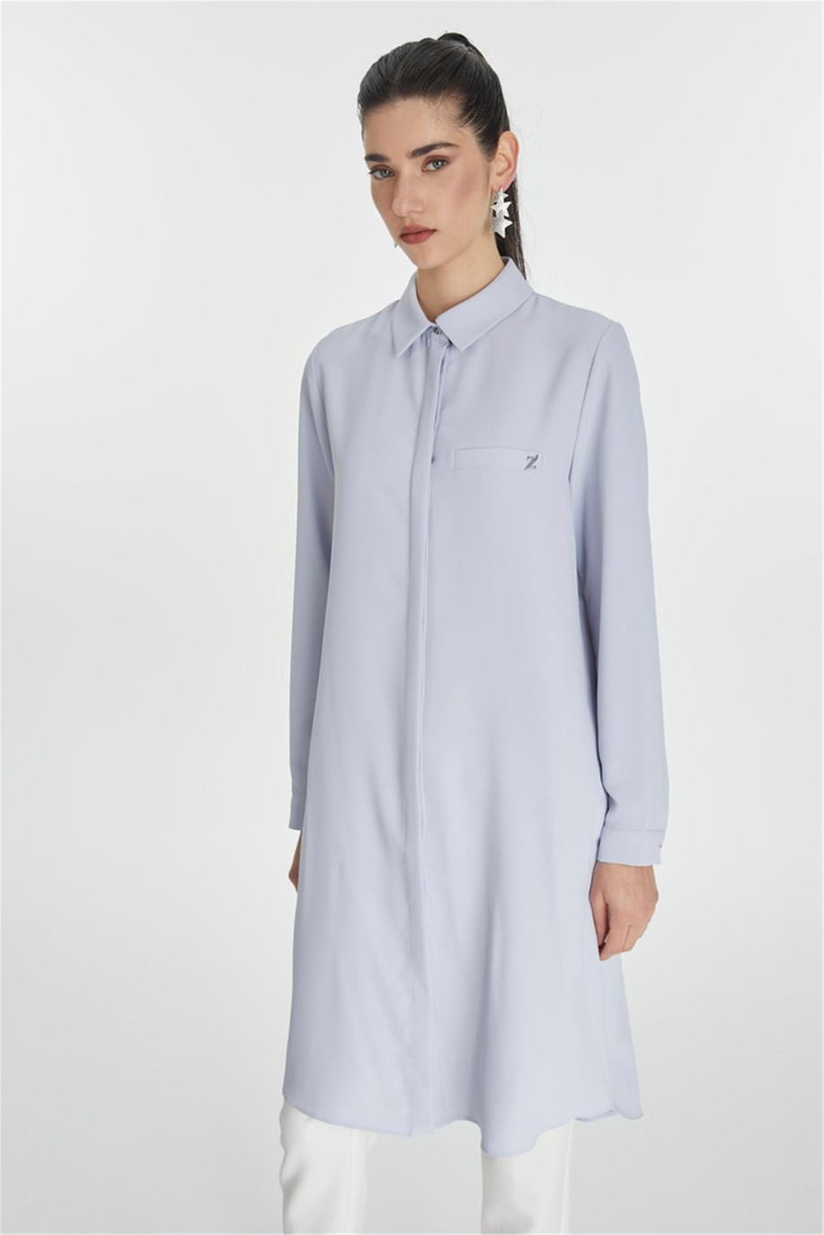 Gizli Düğme Detaylı Gri Mavi Tunik