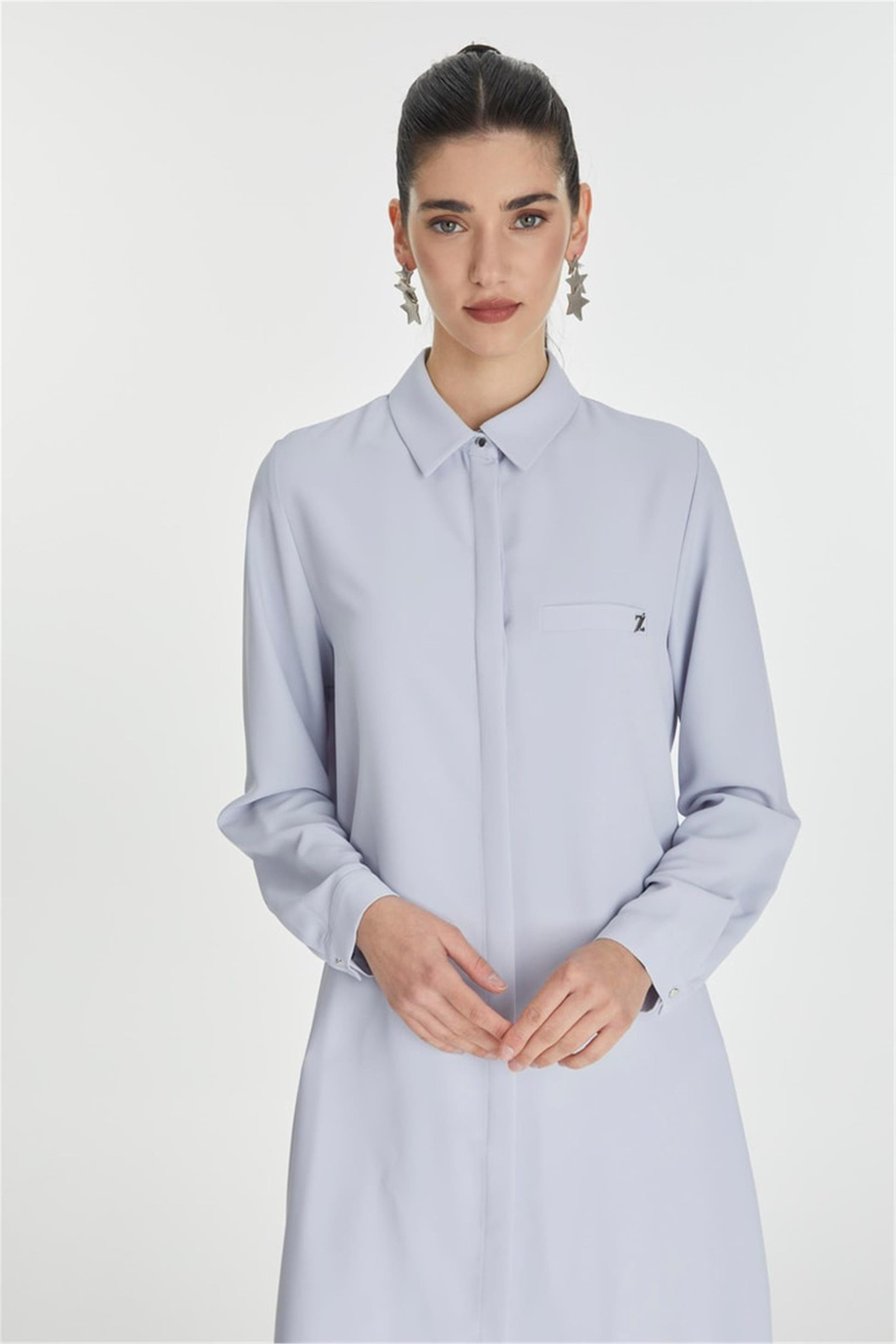 Gizli Düğme Detaylı Gri Mavi Tunik