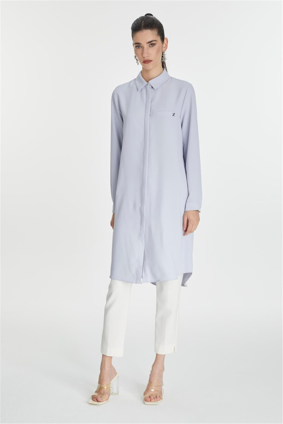 Gizli Düğme Detaylı Gri Mavi Tunik