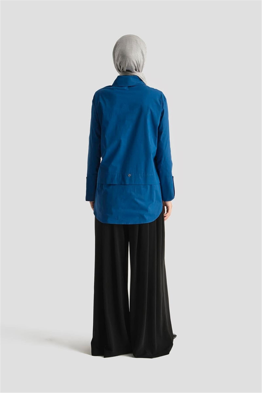 Gizli Düğmeli Taş Detaylı Gömlek Yaka Tunik İndigo 