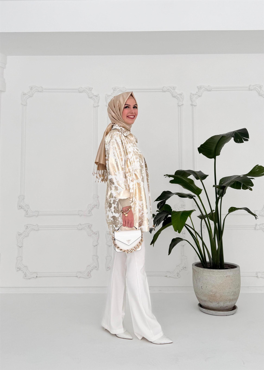 Gold Desen Baskılı Ekru Ceket