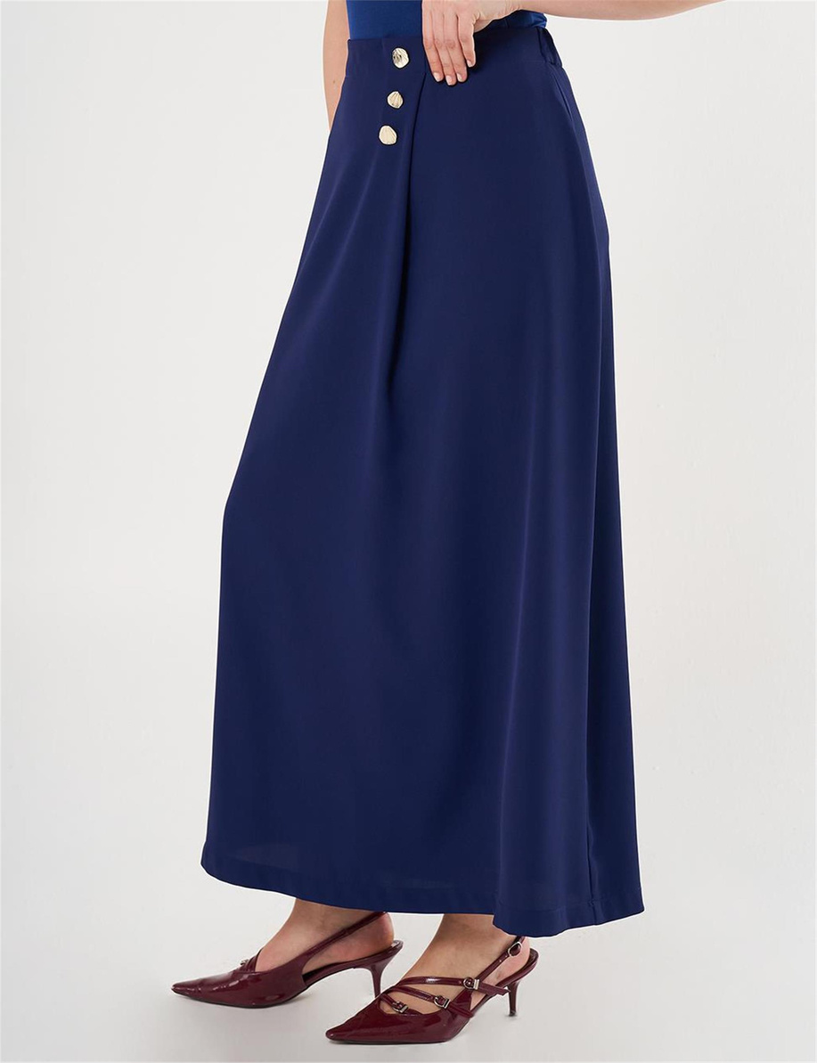 Gold Düğmeli Yüksek Bel Etek Lacivert