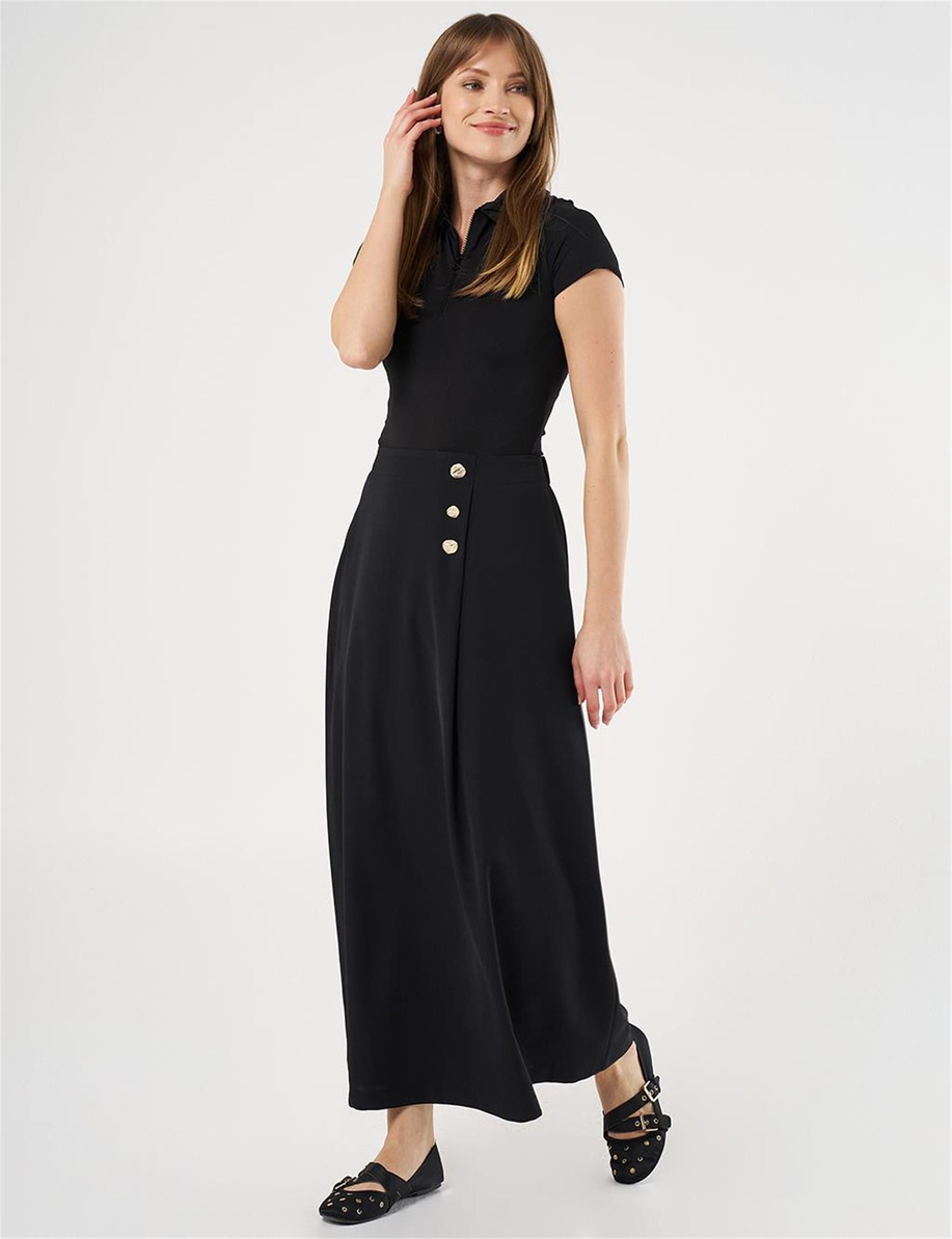 Gold Düğmeli Yüksek Bel Etek Siyah