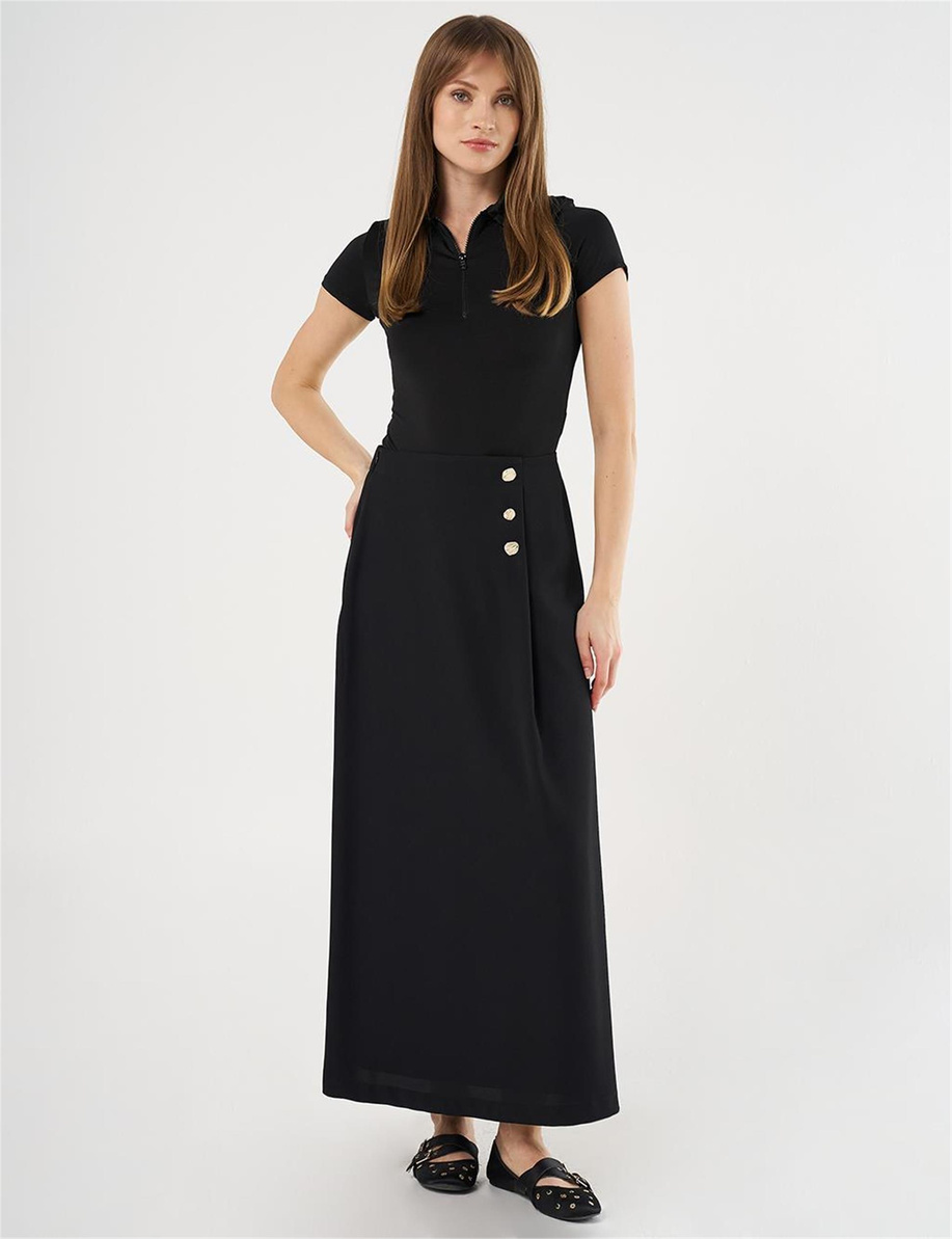 Gold Düğmeli Yüksek Bel Etek Siyah