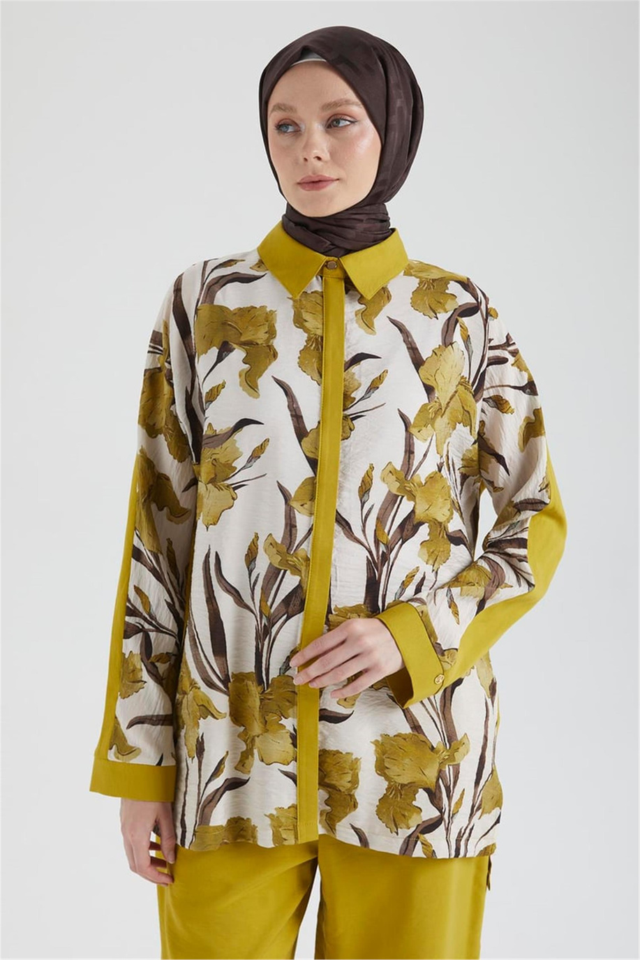 Gömlek Yaka Çiçek Desenli Pantolonlu İkili Takım Yağ Yeşili