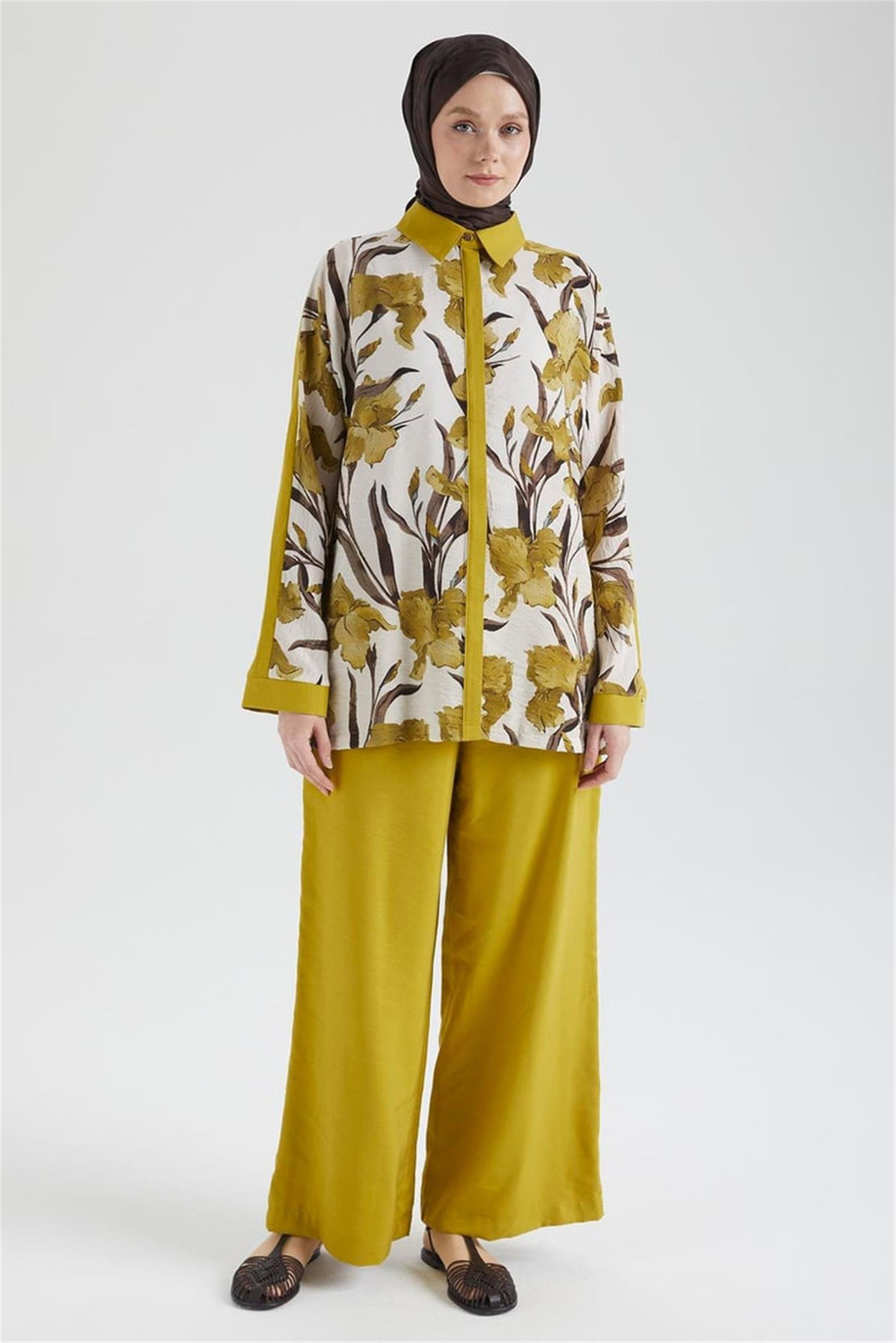 Gömlek Yaka Çiçek Desenli Pantolonlu İkili Takım Yağ Yeşili