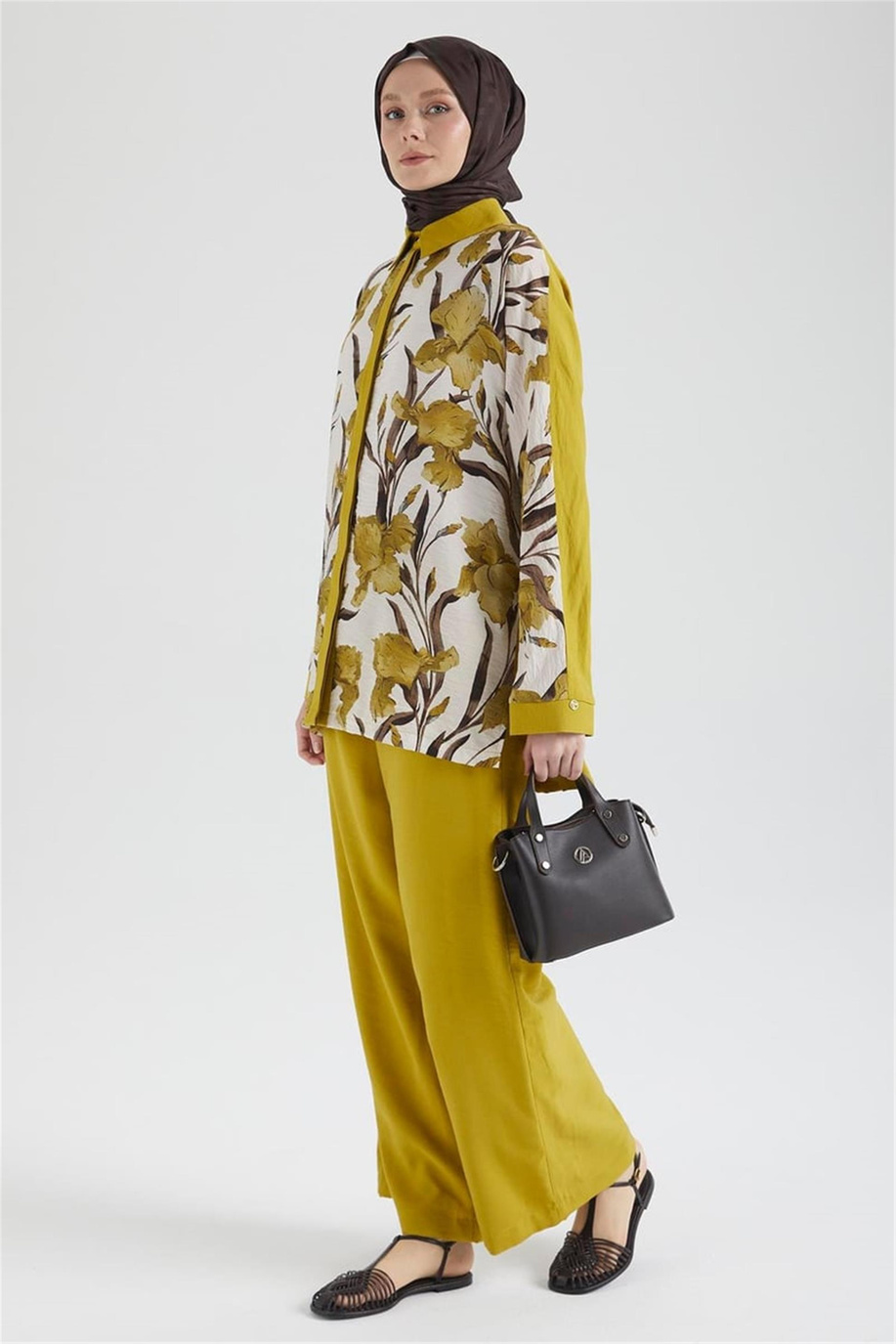 Gömlek Yaka Çiçek Desenli Pantolonlu İkili Takım Yağ Yeşili