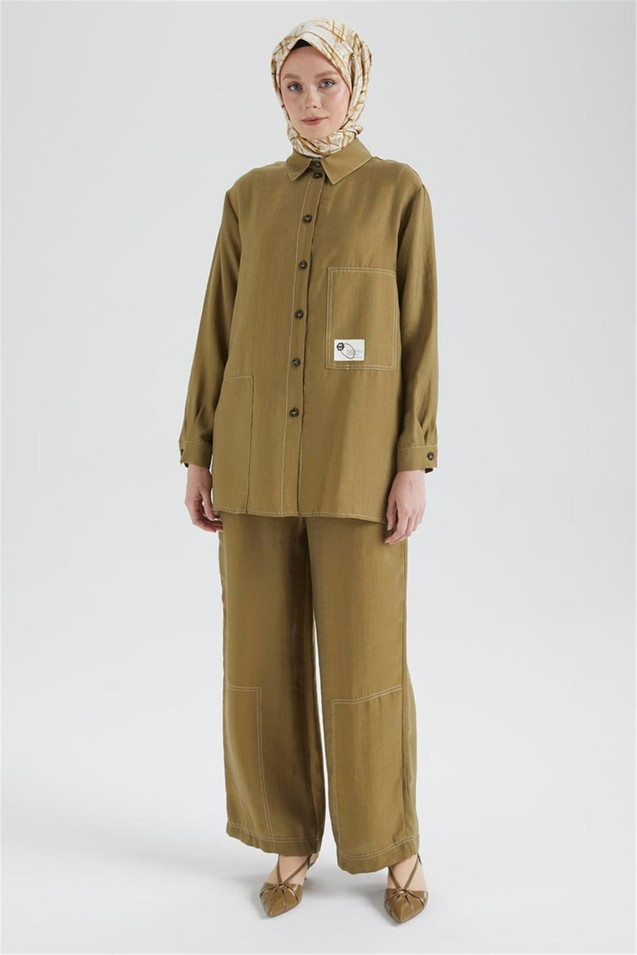 Gömlek Yaka Düğmeli Cepli Pantolonlu Takım Haki