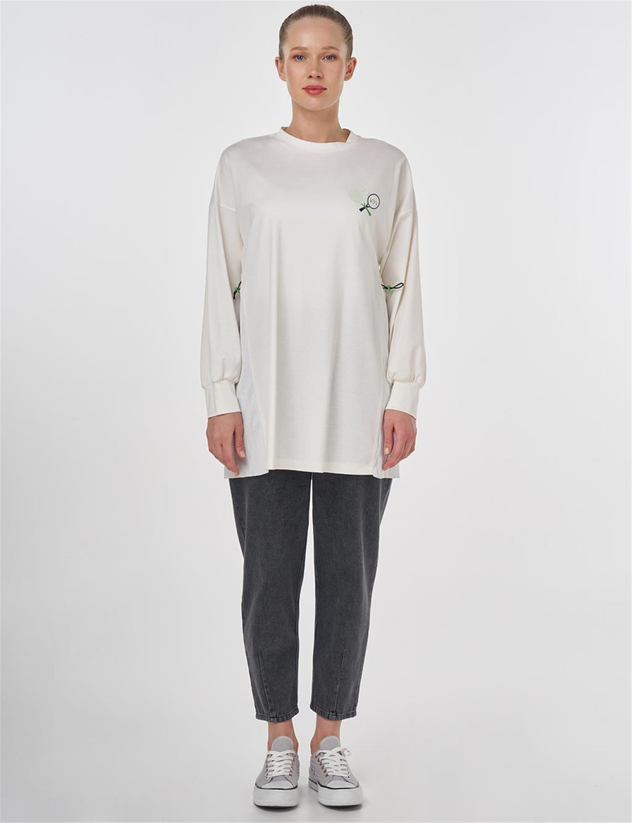 Görsel Baskılı Örme Sweatshirt Ekru