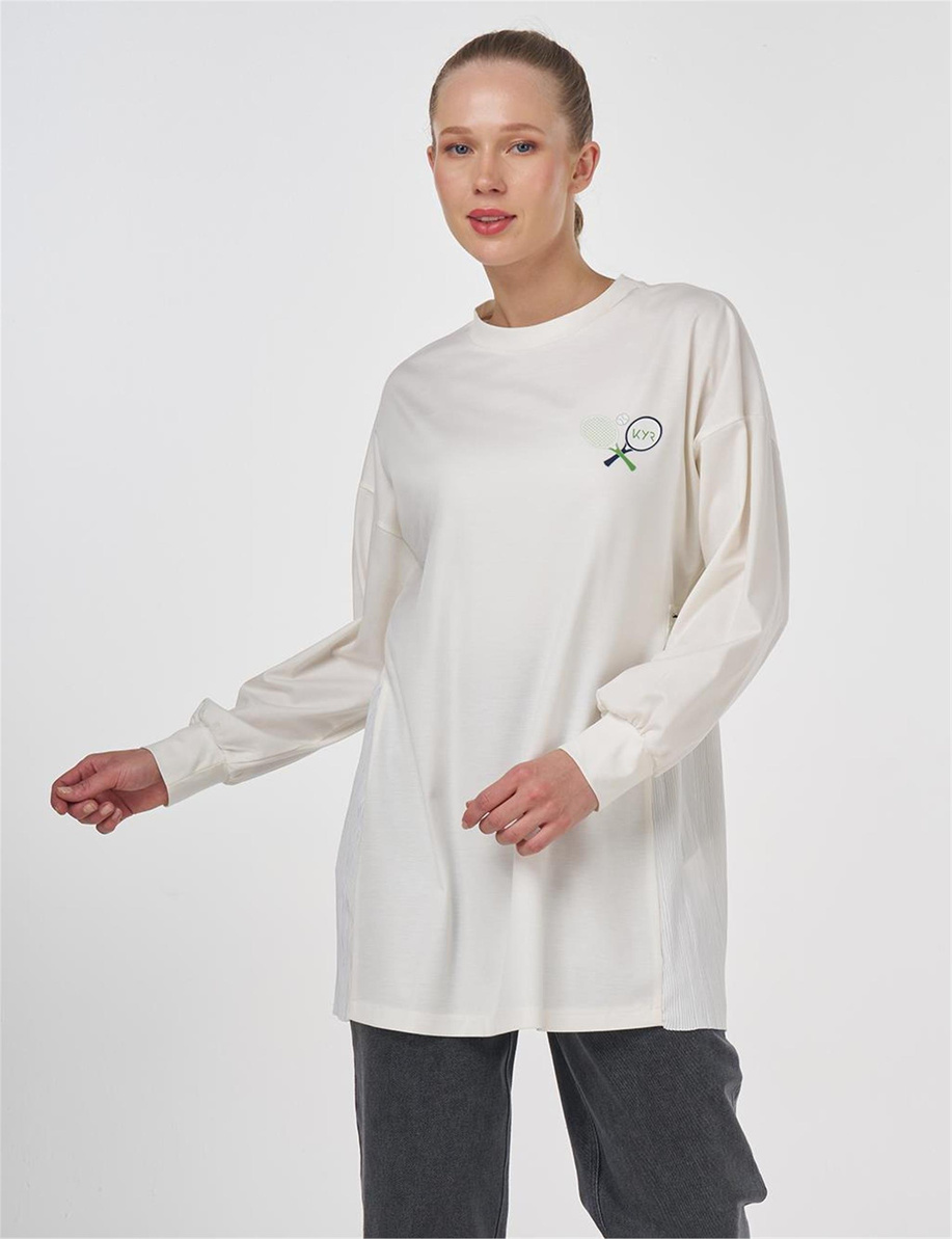 Görsel Baskılı Örme Sweatshirt Ekru