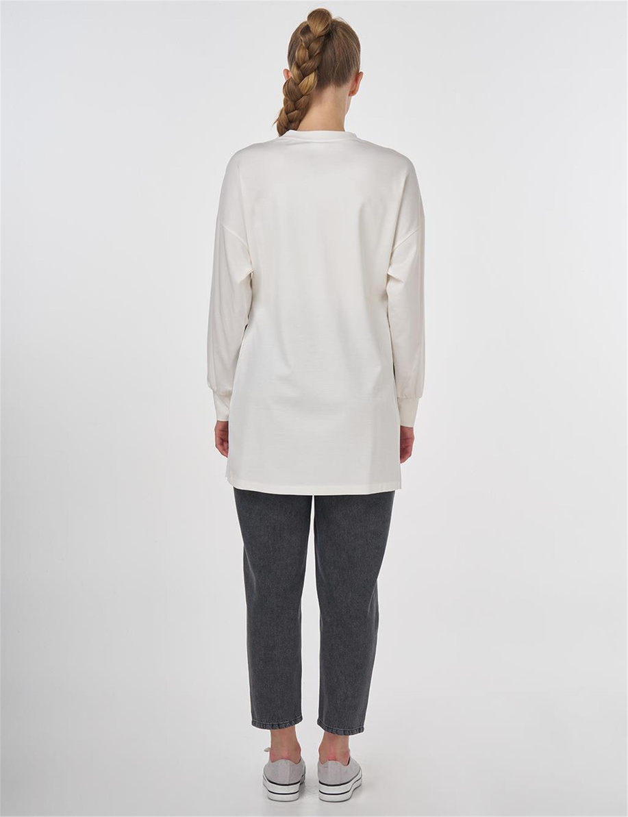 Görsel Baskılı Örme Sweatshirt Ekru