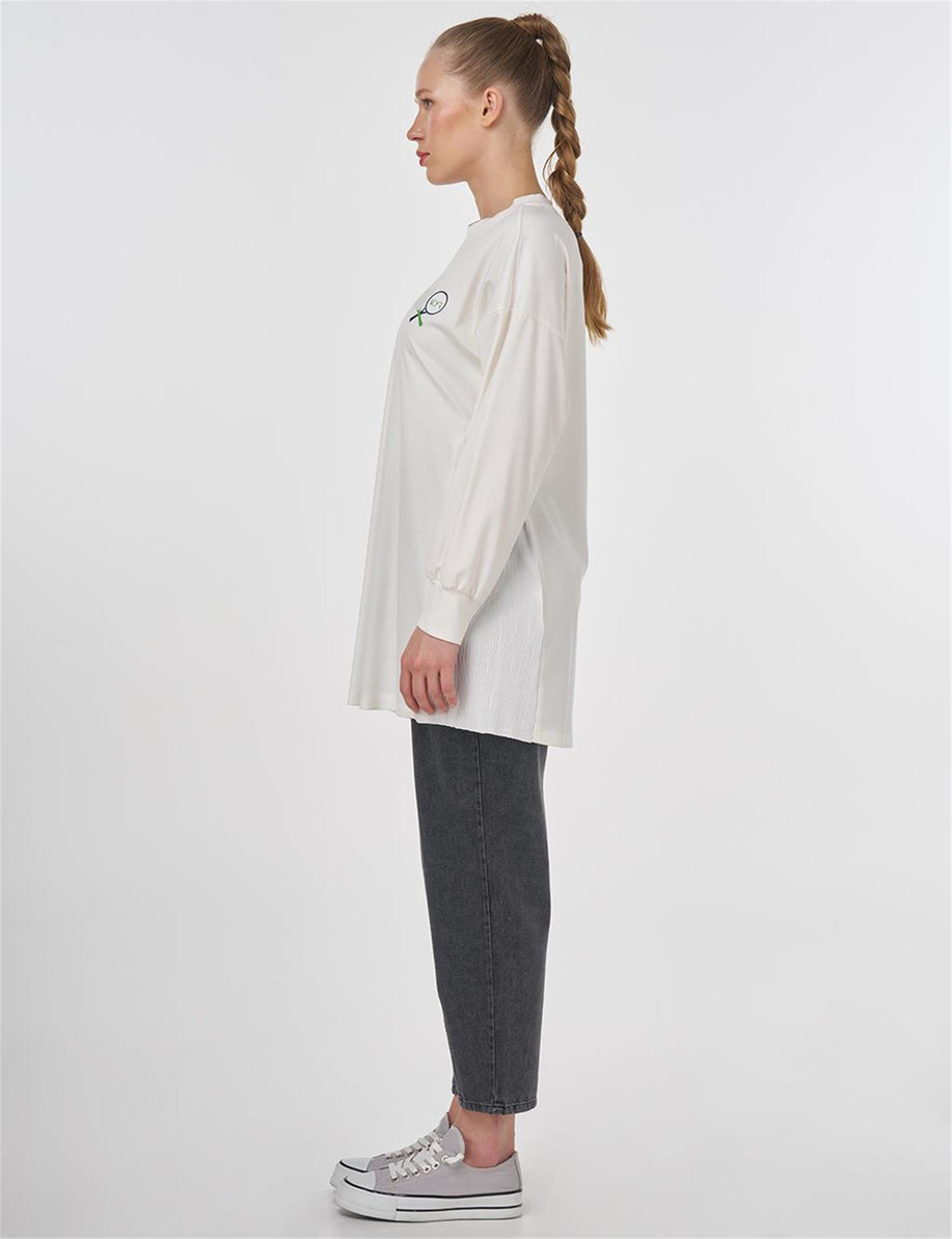 Görsel Baskılı Örme Sweatshirt Ekru