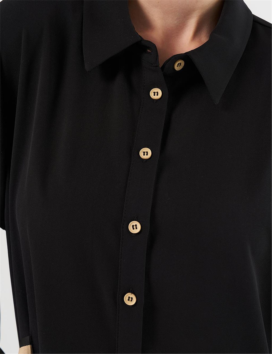 Grogren Bağlamalı Gömlek Yaka Tunik Siyah