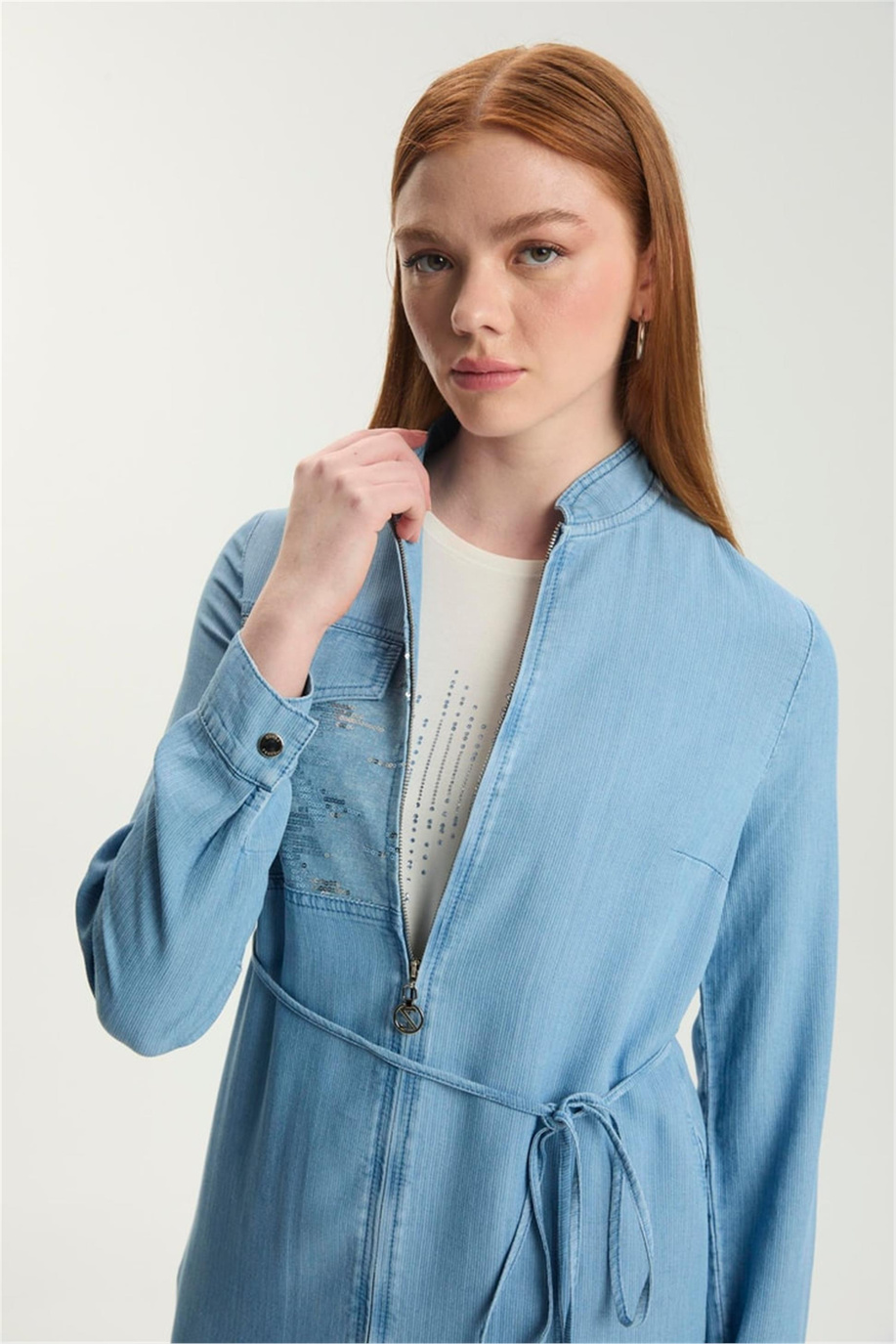 Hakim Yaka Fermuarlı Denim Giy-Çık Mavi - 25YZ0282