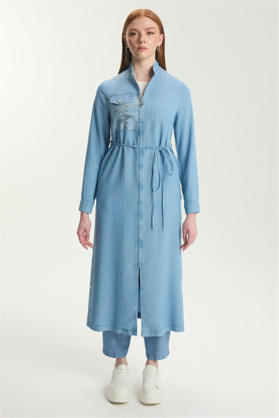 Hakim Yaka Fermuarlı Denim Giy-Çık Mavi - 25YZ0282