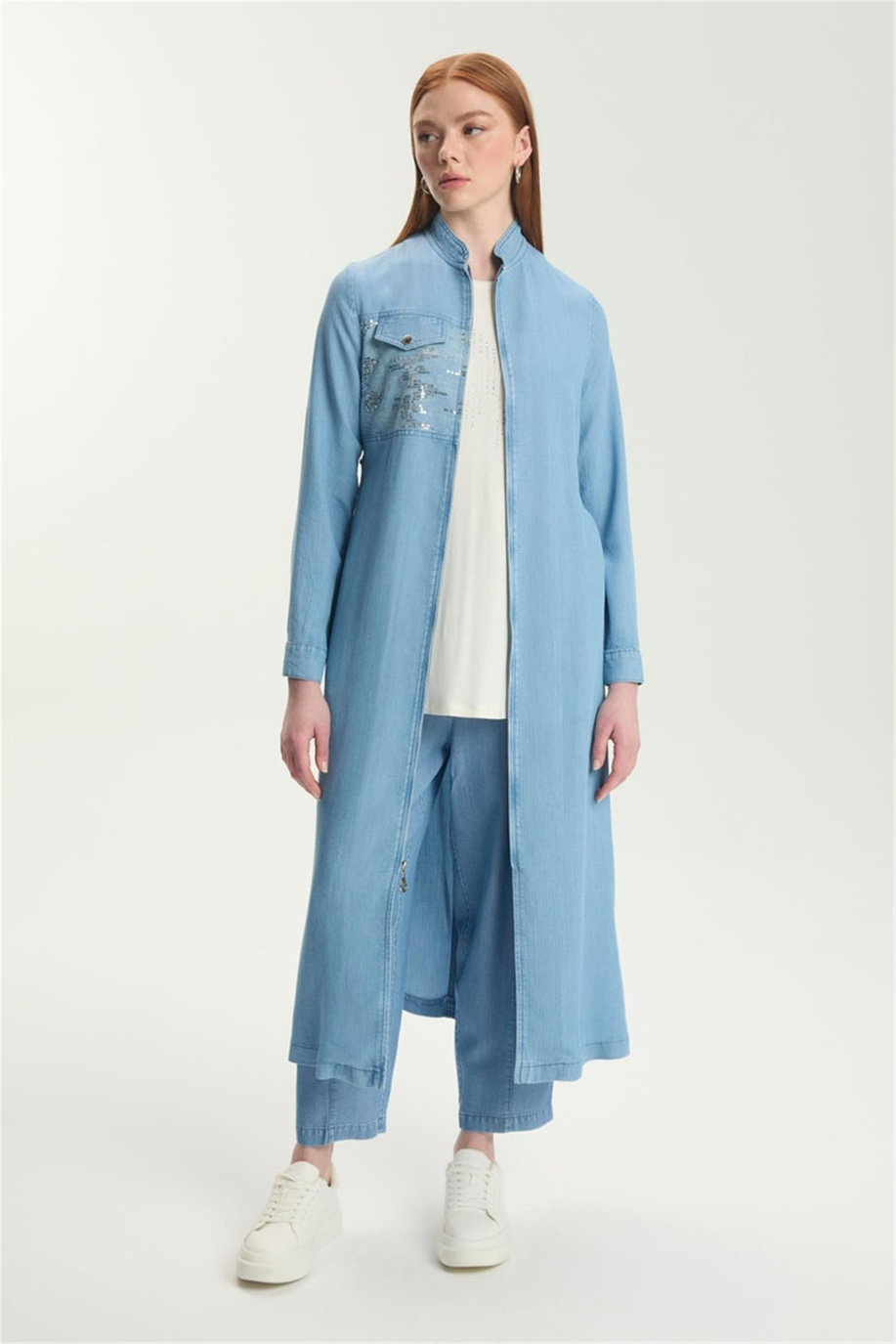 Hakim Yaka Fermuarlı Denim Giy-Çık Mavi - 25YZ0282