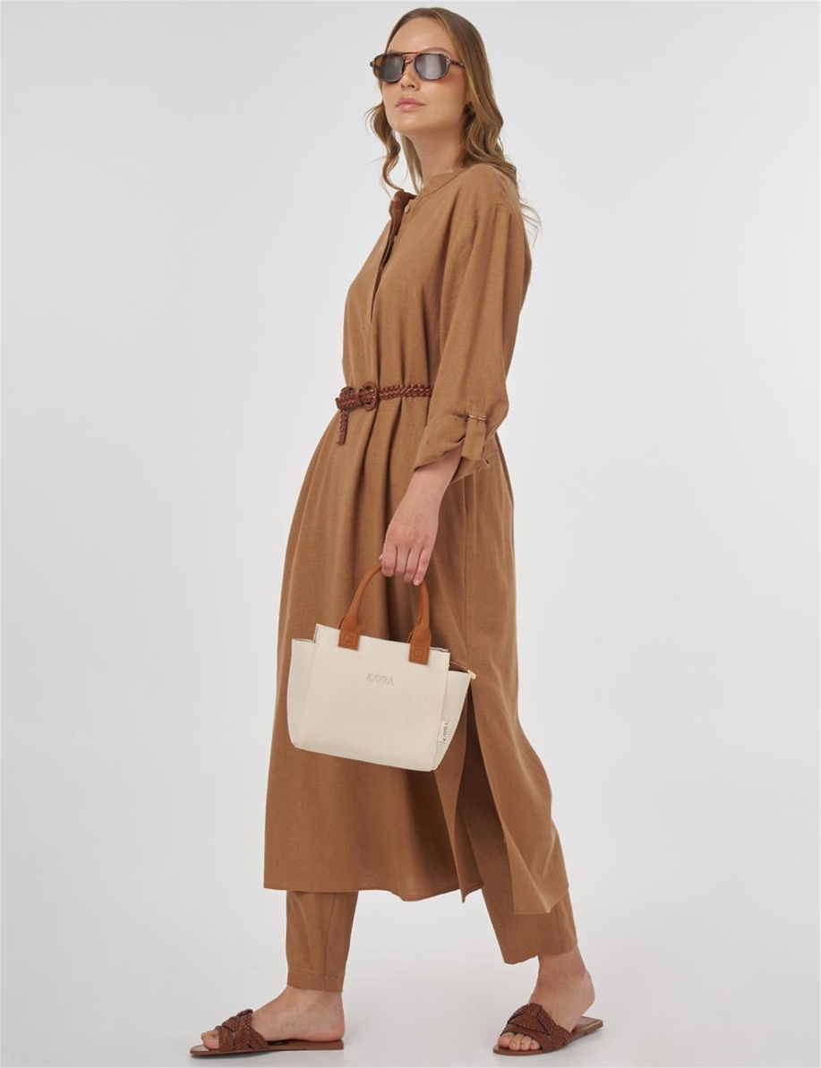 Hakim Yaka Keten Viskon Uzun Tunik Camel