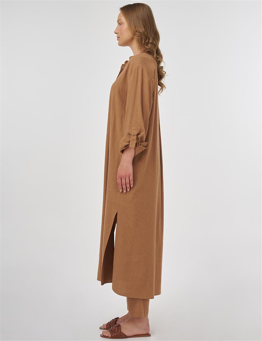 Hakim Yaka Keten Viskon Uzun Tunik Camel