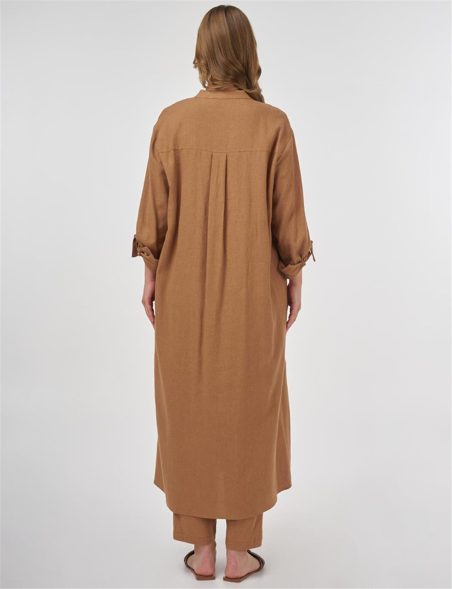 Hakim Yaka Keten Viskon Uzun Tunik Camel