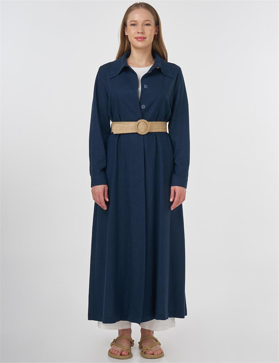 Hasır Kemer Detaylı Keten Viskon Pardesü Koyu Lacivert