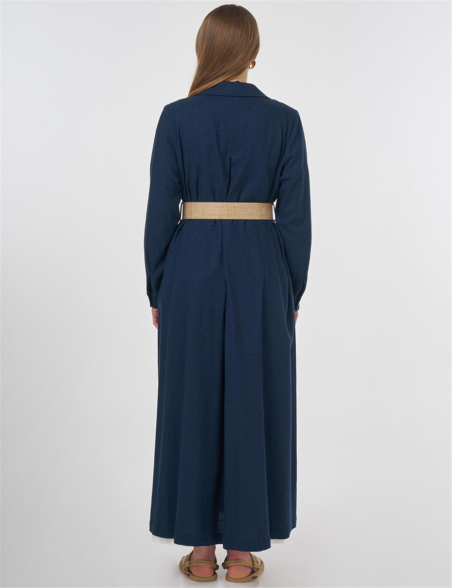 Hasır Kemer Detaylı Keten Viskon Pardesü Koyu Lacivert