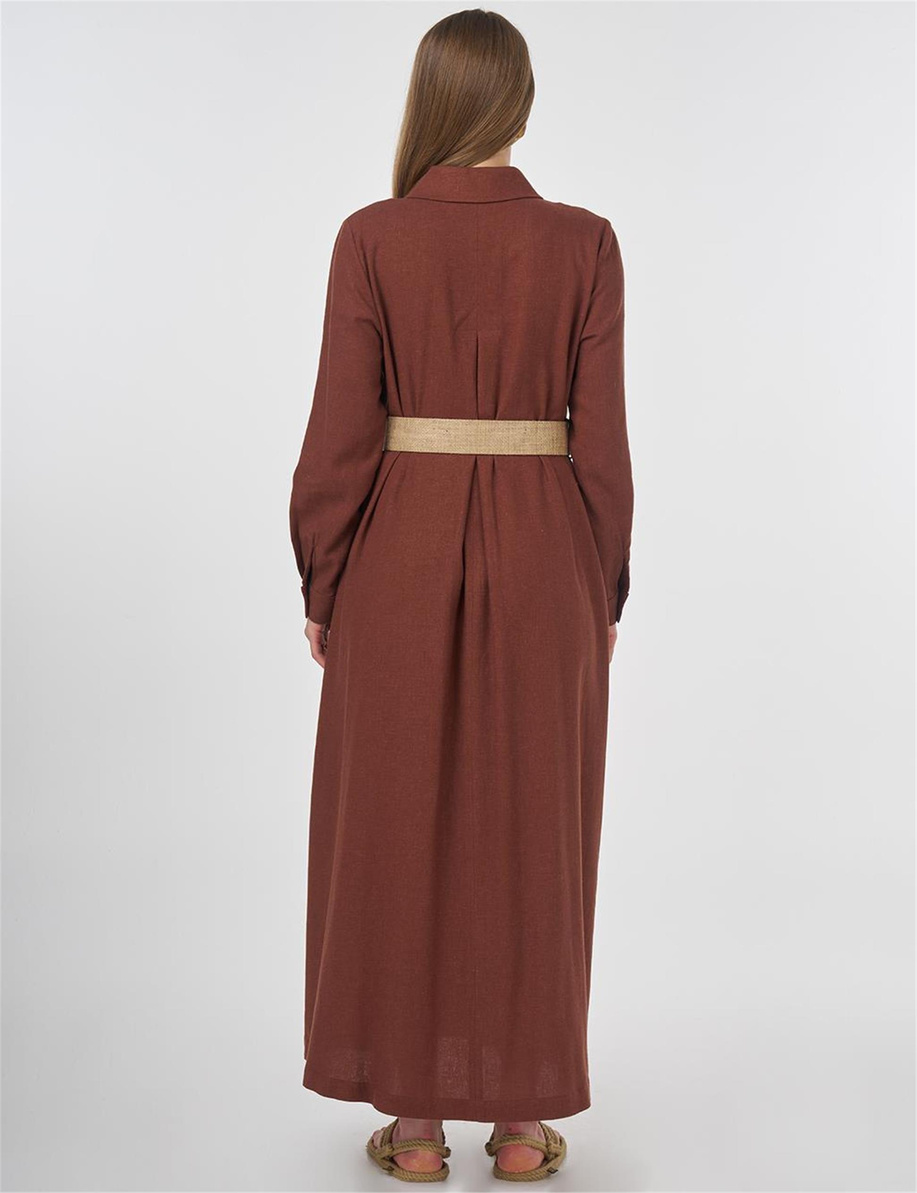 Hasır Kemer Detaylı Keten Viskon Pardesü Kahve