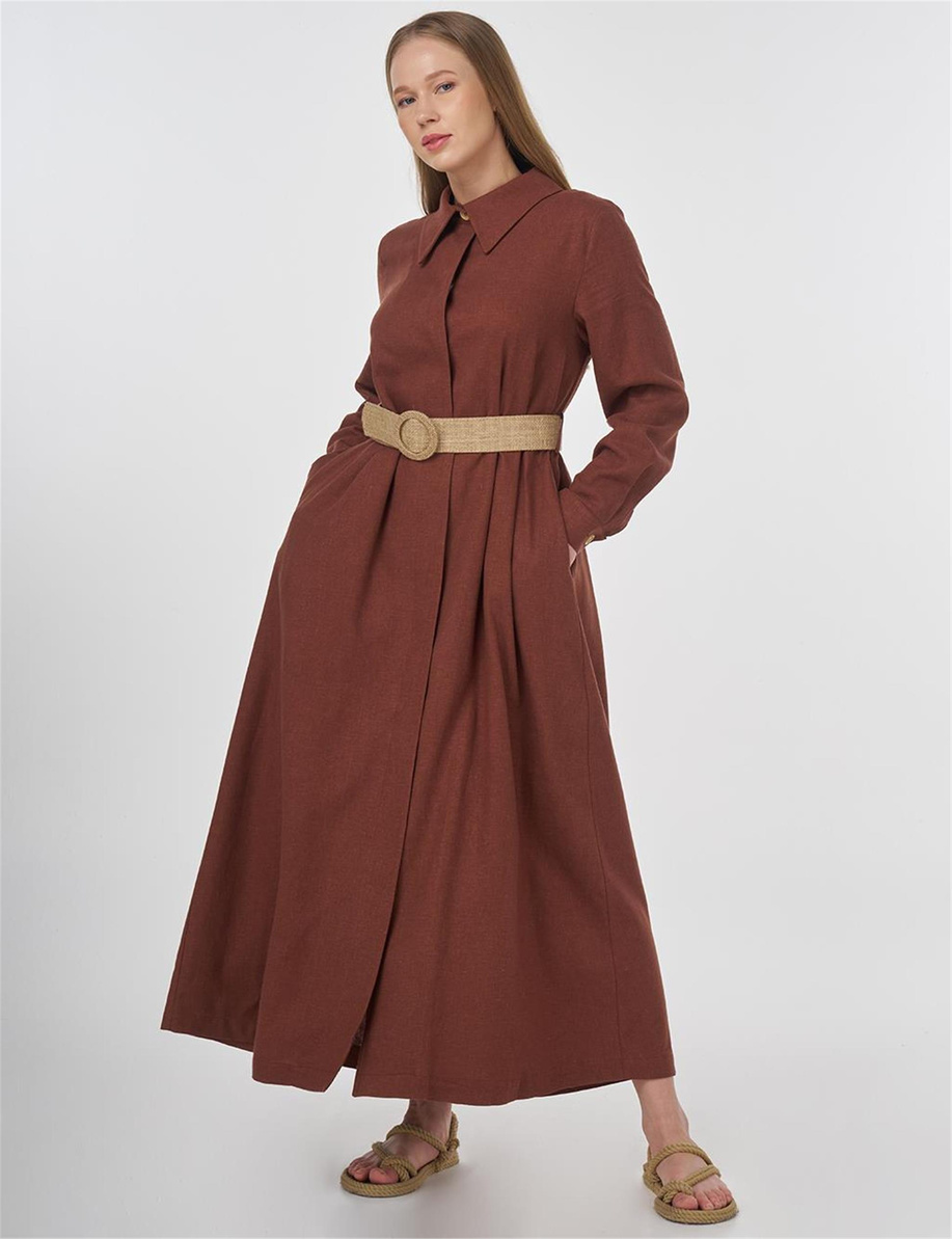 Hasır Kemer Detaylı Keten Viskon Pardesü Kahve