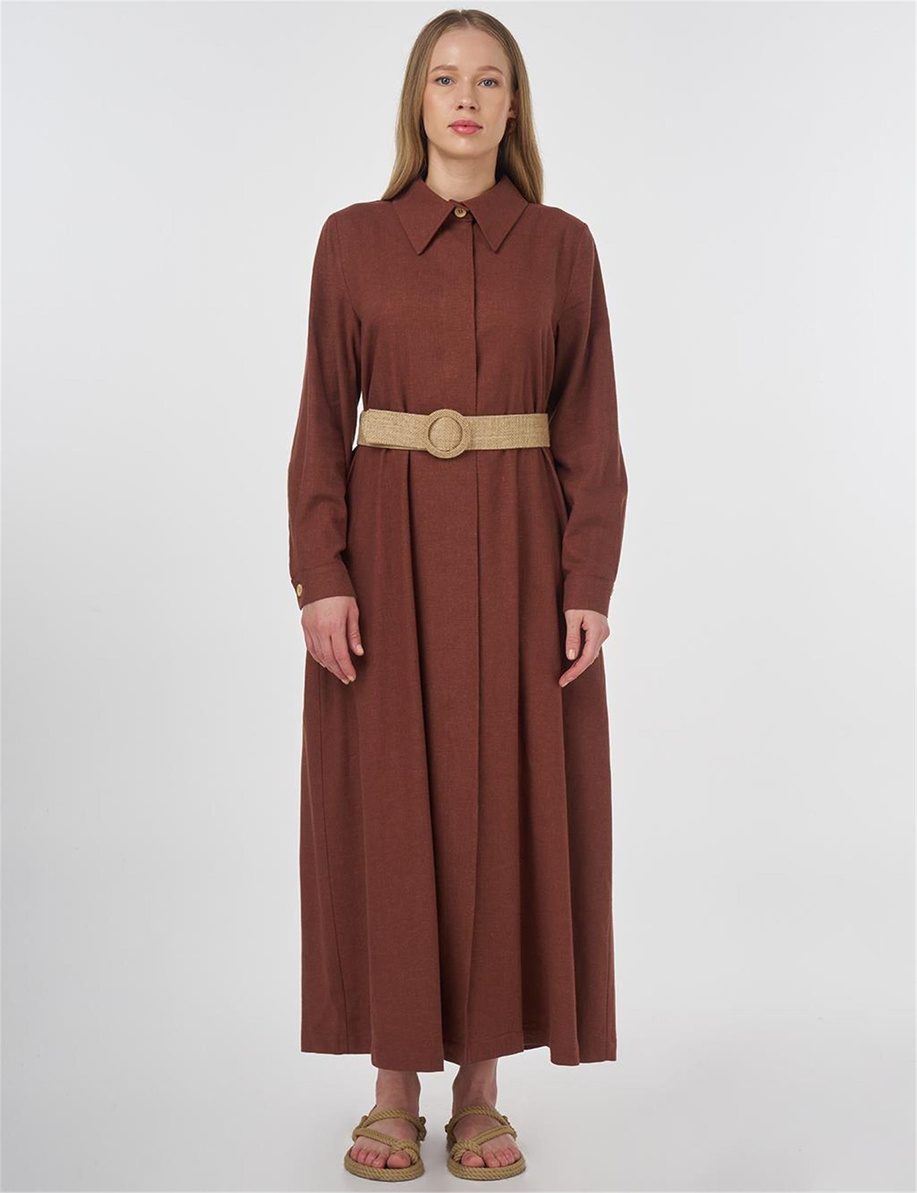 Hasır Kemer Detaylı Keten Viskon Pardesü Kahve