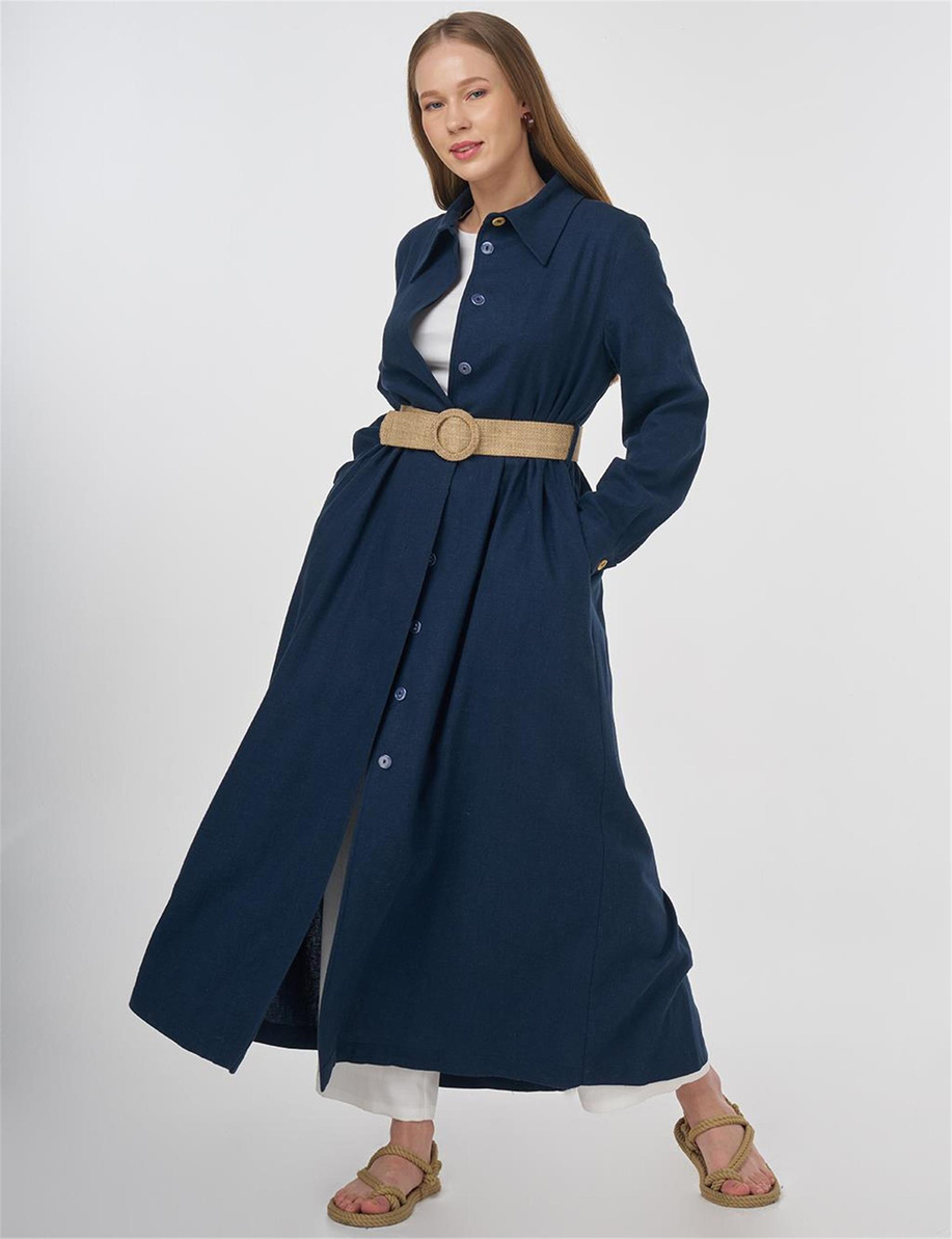 Hasır Kemer Detaylı Keten Viskon Pardesü Koyu Lacivert