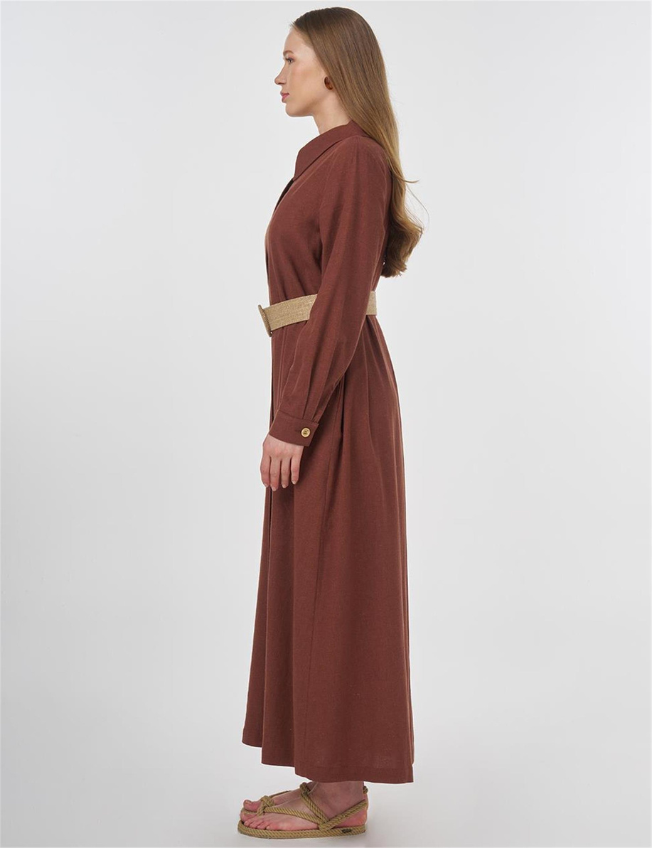 Hasır Kemer Detaylı Keten Viskon Pardesü Kahve