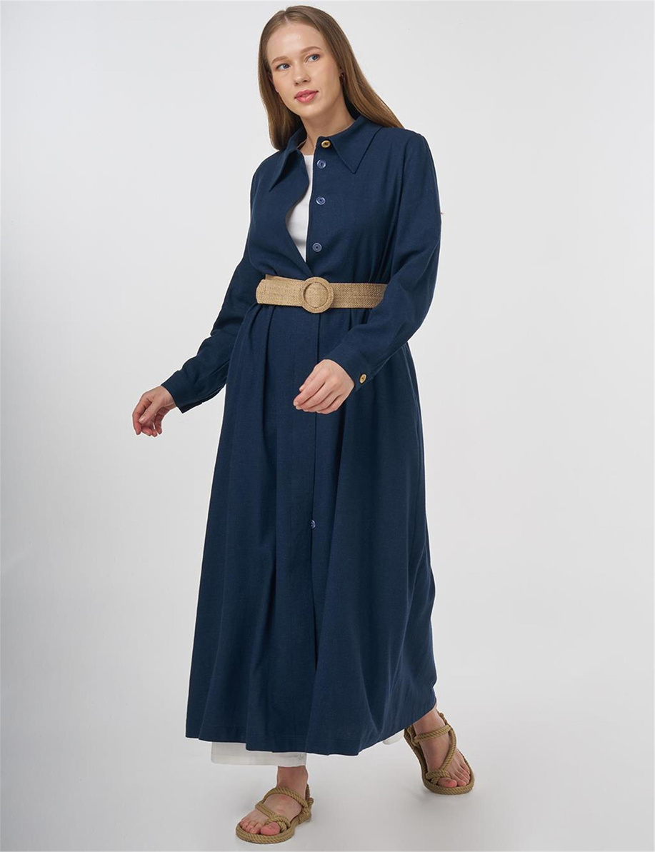 Hasır Kemer Detaylı Keten Viskon Pardesü Koyu Lacivert