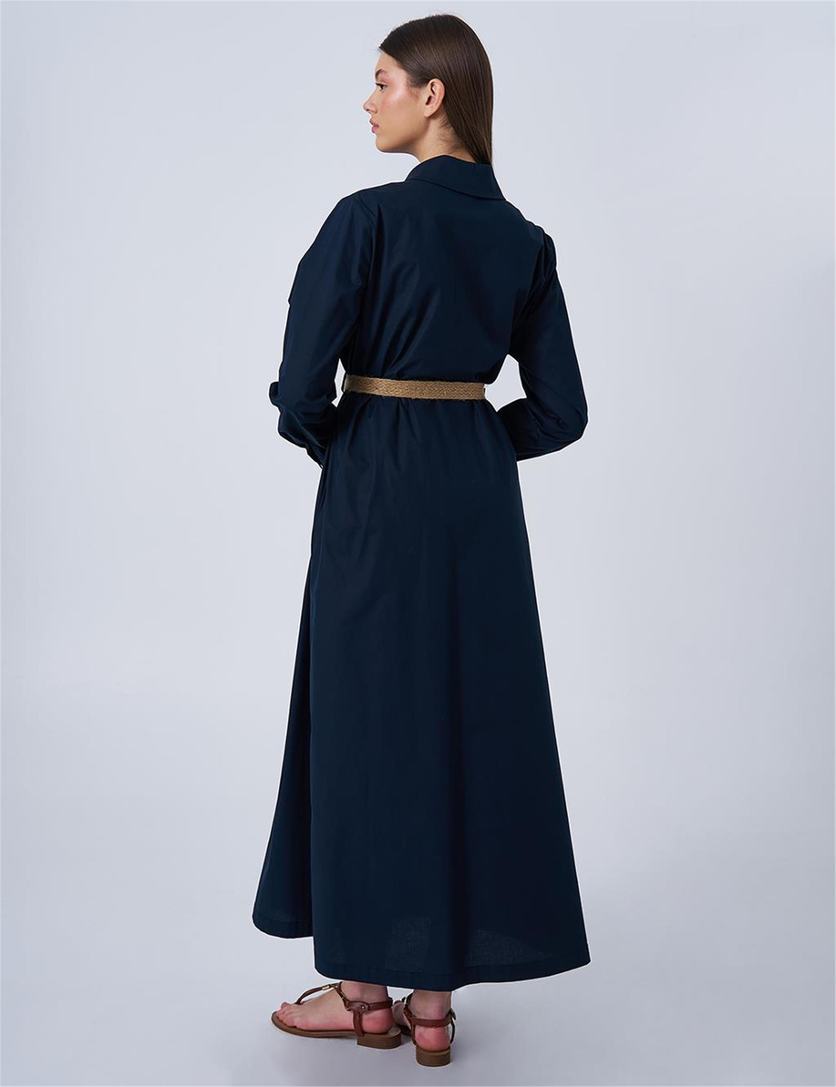 Hasır Kemer Detaylı Poplin Elbise Koyu Lacivert - KA-B25-23036