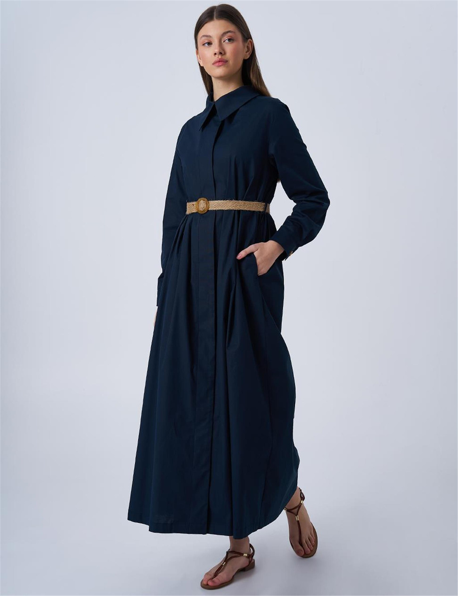 Hasır Kemer Detaylı Poplin Elbise Koyu Lacivert - KA-B25-23036