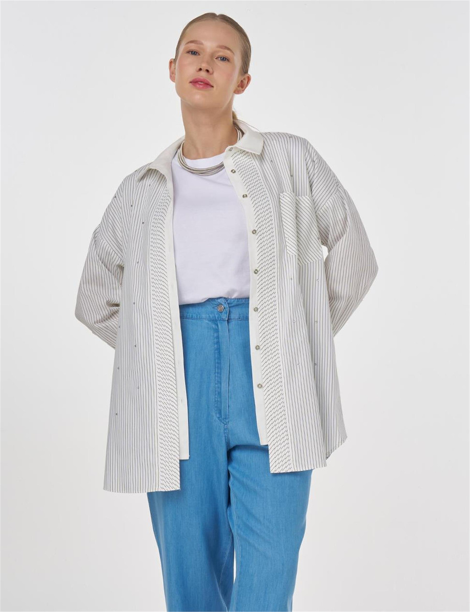 Hotfix Baskılı Çizgi Desen Tunik Haki