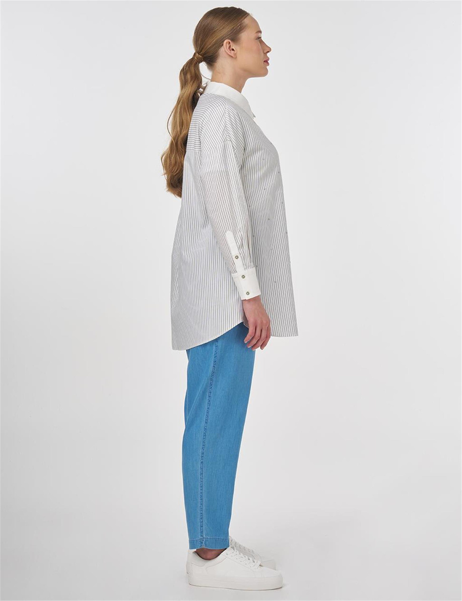 Hotfix Baskılı Çizgi Desen Tunik Haki