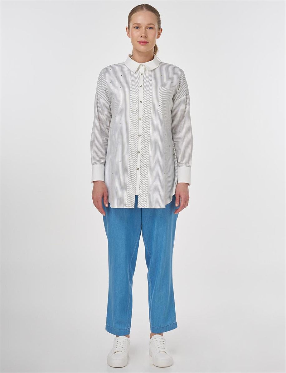 Hotfix Baskılı Çizgi Desen Tunik Haki